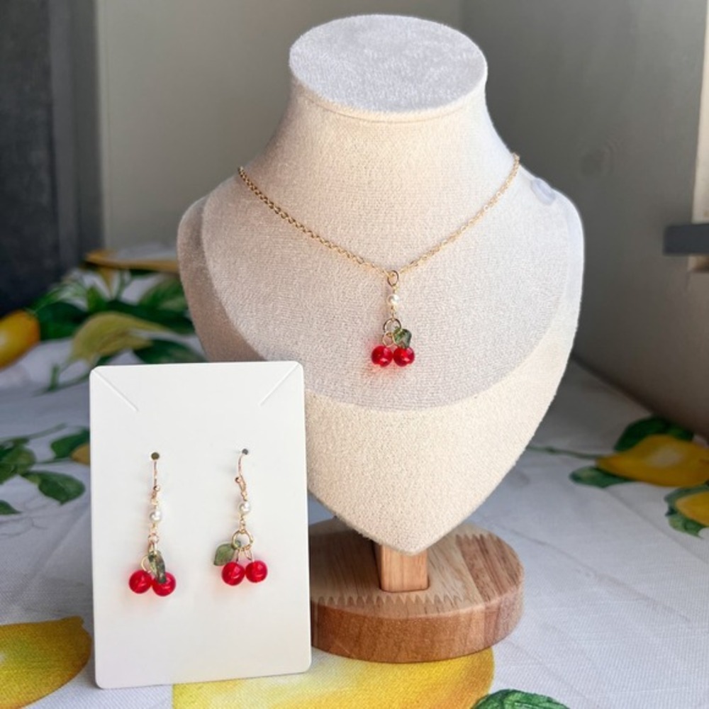 Cherry Jewelry Set, Pearl Crystal Charm Dainty, Coquette, Cottagecore, Casual